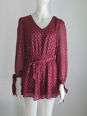 Listicle Wine Red Metallic Dot Tie-Waist Romper